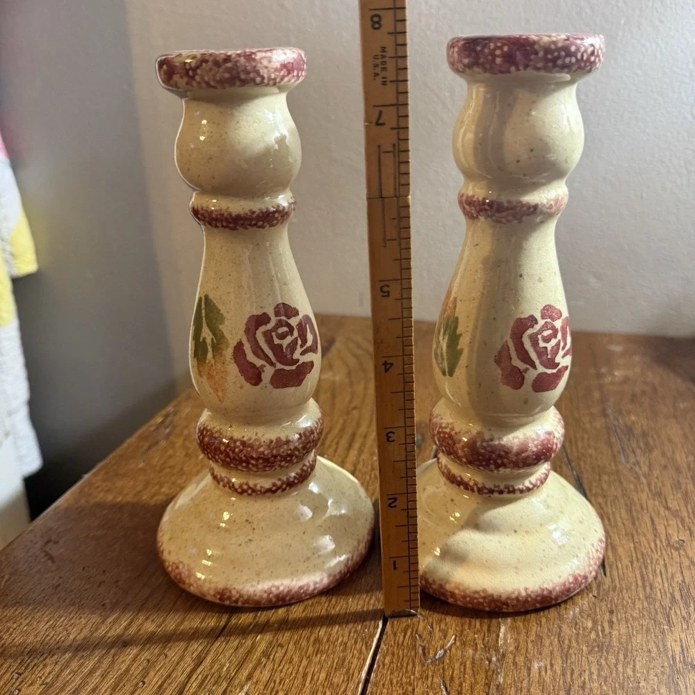 Spongeware Candlesticks Cream with Burgundy Roses